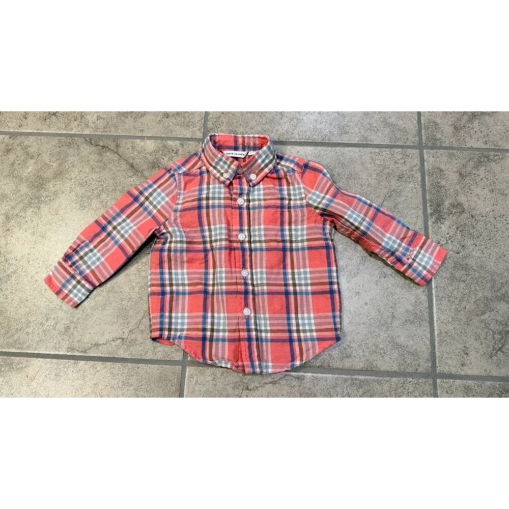 Janie and Jack Linen coral and blue plaid long-sleeve button-down shirt